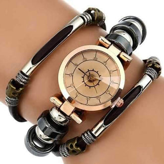 Top Quality Genuine Leather Bracelet Women Triple Retro Strap Vintage Gear Dial Fashion Wrist Watch - Black