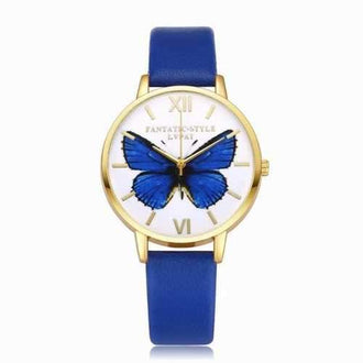 Lvpai P110-G Women Butterfly Dial Leather Band Quartz Watch Golden Tone Bezel - Royal