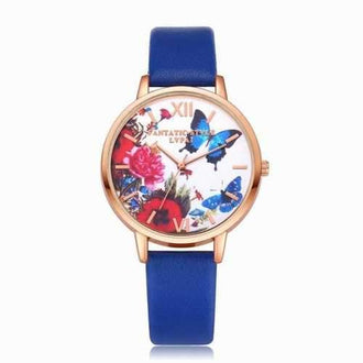 Lvpai P096-R Women Butterfly Flowers Dial Leather Band Wrist Watch - Royal