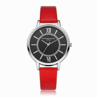 Lvpai P094-S Women Fashion Leather Band Black Dial Wrist Watches - Red