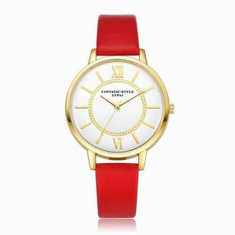 Lvpai P092-G Women Fashion Golden Bezel Leather Strap Wrist Watch - Red