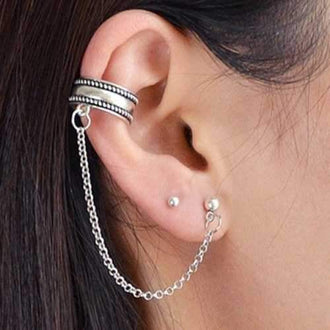 Simple Chain Ear Cuff with Stud earrings - Silver