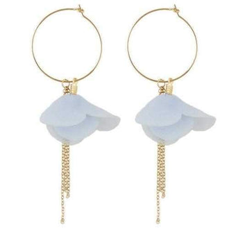 Floral Fringed Hoop Drop Earrings - Blue