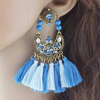 Tassel Rhinestone Bead Decorated Drop Earrings - Blue