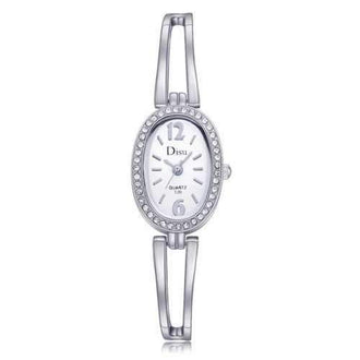 DS035 Women Simple Diamond Bezel Metal Bangle Bracelet Wrist Watch - Silver Band White Dial