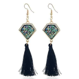 Women Girls Colorful Stone Tassel Pendant Dropping Earrings Eardrop Fine Jewelry Gifts - Black