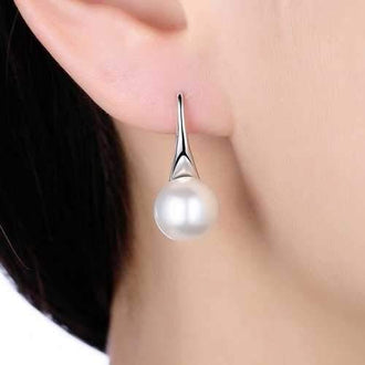Simple Faux Pearl Sterling Silver Drop Earrings - Silver