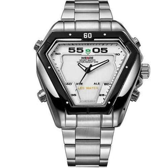 WEIDE LED Analog Display Watches Digital Men Sports Military Silver Stainless Steel Triangle Watch - White
