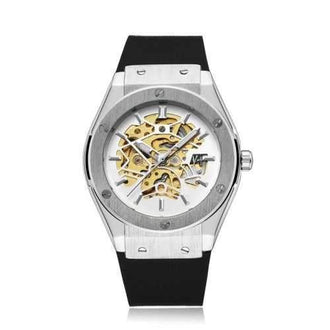 SEWOR Automatic Self-Wind Mechanical Men Skeleton Silicone Watch with Box - Silver And White