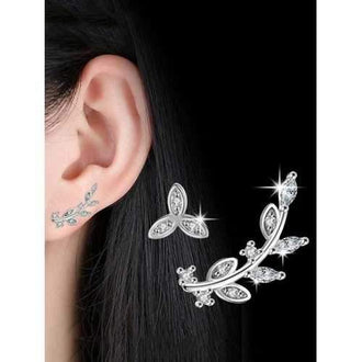 Rhinestone Alloy Asymmetric Leaf Stud Earrings - Silver