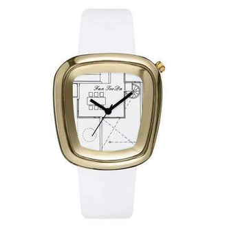 Fanteeda FD006 Women Unique Dial Leather Band Quartz Watch Golden Tone - White