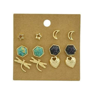 Faux Turquoise Heart Moon Earrings Set - Golden