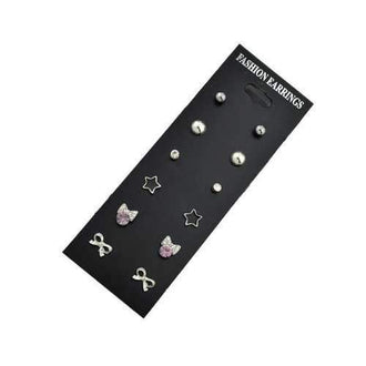 Round Ball Bowknot Hollow Stars Stud Earring Sets - Silver