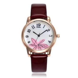 Floral Face Faux Leather Number Watch - Dark Red