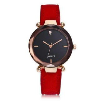 Faux Leather Strap Rhinestone Embellished Simple Quartz Watch - Red