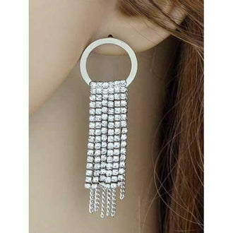 Hoop Rhinestone Tassel Stud Earrings - White