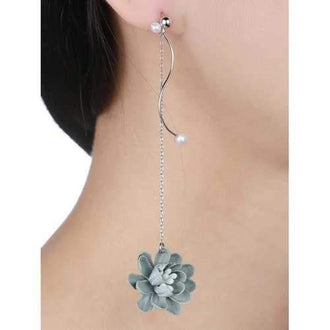 Faux Pearl Sterling Silver Flower Chain Earrings - Silver