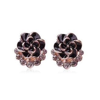 Enamel Flower Rhinestone Stud Earrings - Black