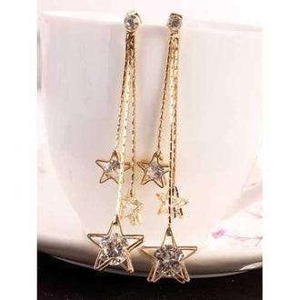 Faux Zircon Star Fringed Long Chain Drop Earrings - Golden