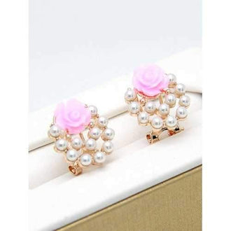 Floral Faux Crystal Decorated Stud Earrings - Light Pink