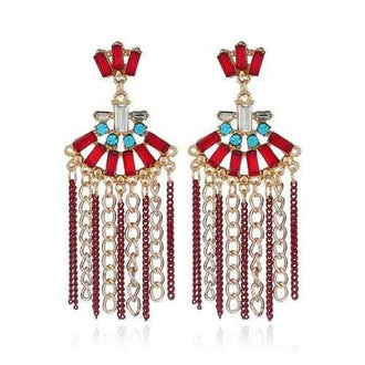 Rhinestone Geometric Fringed Chain Drop Earrings - Red