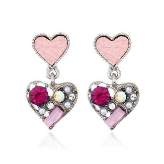 Rhinestone Faux Pearl Double Heart Drop Earrings - Pink