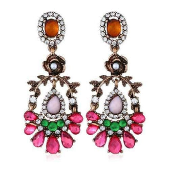 Bohemian Rhinestone Flower Teardrop Earrings - Rose Red