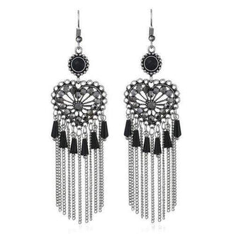 Rhinestone Heart Fringed Chain Hook Earrings - Black