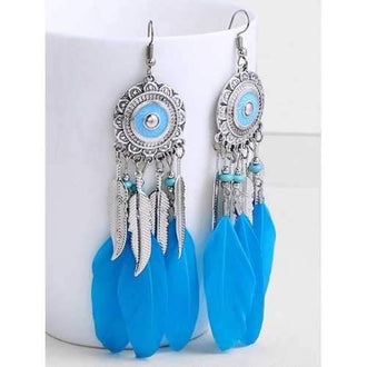 Metal Leaves Fringed Hook Earrings - Butterfly Blue