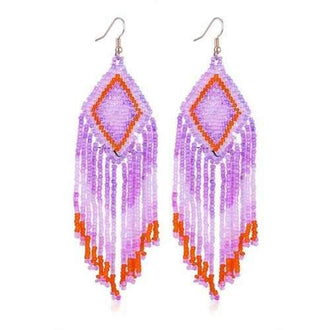 Geometric Beads Tassel Hanging Earrings - Purple