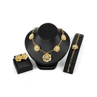 Rhinestone Inlaid Alloy Floral Necklace Chain Bracelet Earrings Set - Gold