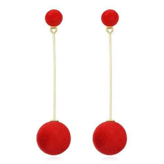 Fuzzy Ball Long Drop Earrings - Red