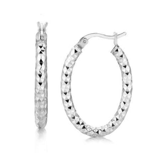 Sterling Silver Thick Oval Motif Hoop Diamond Cut Earrings with Rhodium Plating