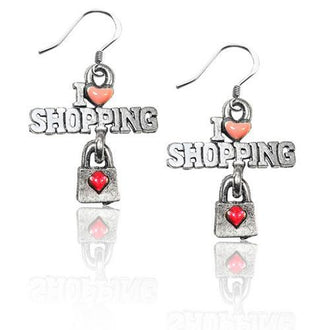 I Love Shopping Charm Earrings in Silver