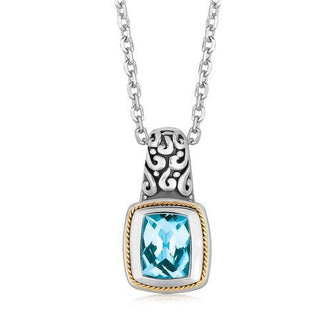 18k Yellow Gold and Sterling Silver Necklace with Milgrained Blue Topaz Pendant, size 18''