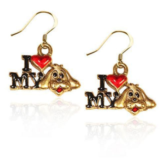 I Love My Dog Charm Earrings in Gold