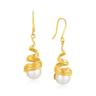 Italian Design 14k Yellow Gold Filament Spiral Earrings with Cultured Pearl