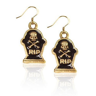Tombstone with Skull Charm Earrings in Gold