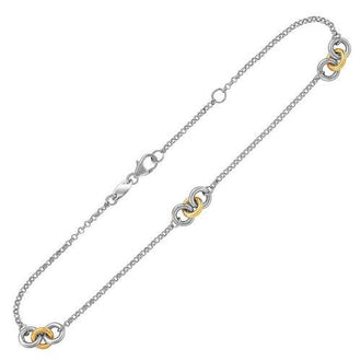 14k Yellow Gold and Sterling Silver Triple Ring Stationed Anklet, size 10''