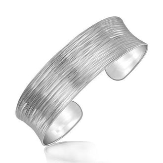 Sterling Silver Rhodium Plated Concave Cuff with Diamond Cuts