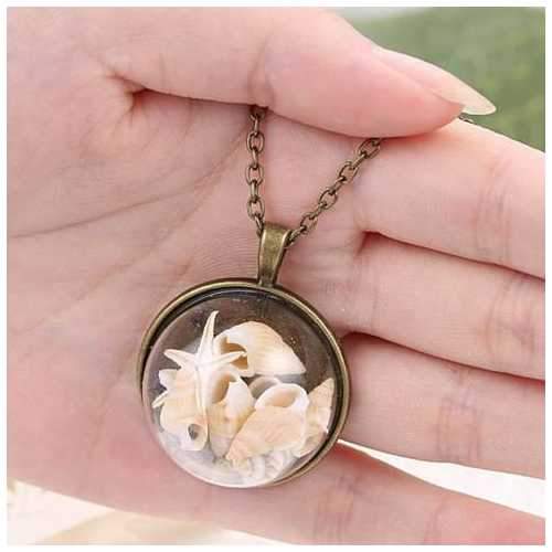 BEACH GIRL Sea Shells In Glass Locket Pendant Necklace