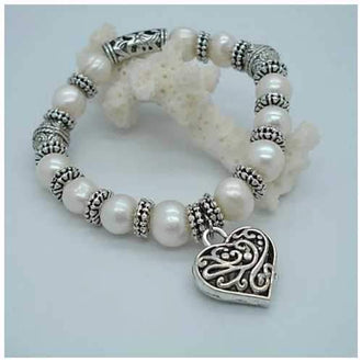 Charming Heart Pearl And Silver Bracelet