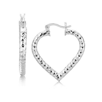 Sterling Silver Rhodium Plated Heart Style Hoop Diamond Cut Earrings