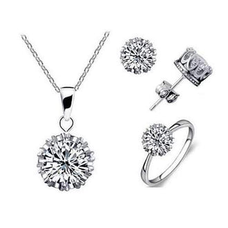 Tiara Set Of 4 Necklace Pendant Ring And Stud Earrings In Silver Plated Crown Setting