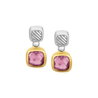 18k Yellow Gold and Sterling Silver Cushion Amethyst Accented Drop Earrings