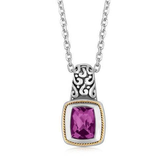 18k Yellow Gold and Sterling Silver Necklace with Milgrained Amethyst Pendant, size 18''