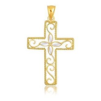 14k Two-Tone Gold Filigree Flower Motif Cross Pendant