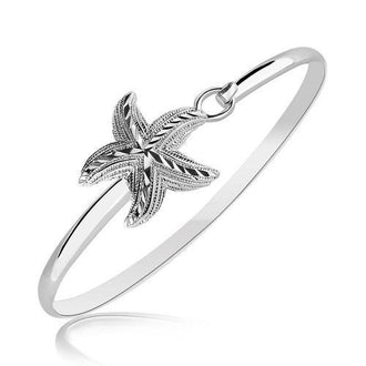 Sterling Silver Starfish Motif Slim Bangle with Rhodium Plating, size 7''