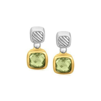 18k Yellow Gold and Sterling Silver Drop Earrings with Bezel Set Green Amethysts