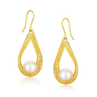 Italian Design 14k Yellow Gold Pearl Crochet Teardrop Ribbon Earrings